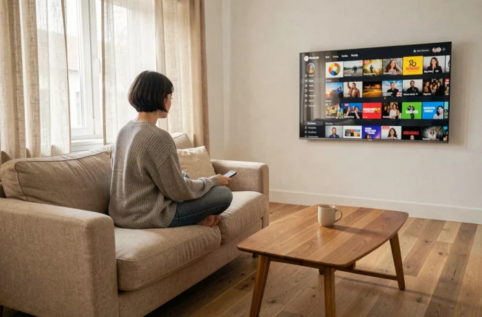 Femme abonnée à Netflix regardant le catalogue sur sa télévision dans un salon moderne et cosy