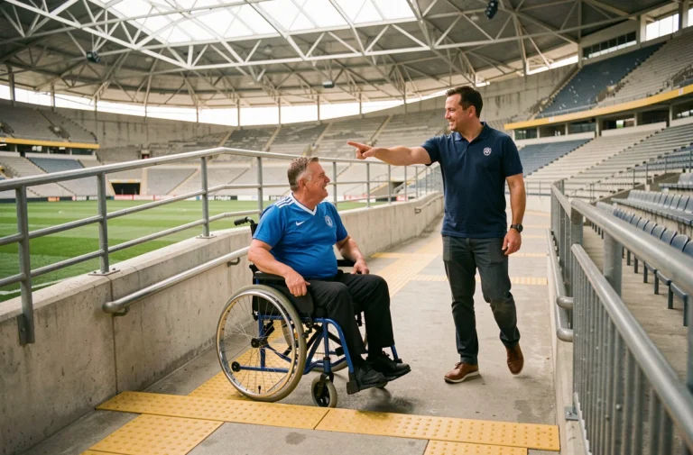 Homme en fauteuil roulant utilisant une rampe d'accès handicapé dans un stade de football moderne accompagné d'un agent d'accueil