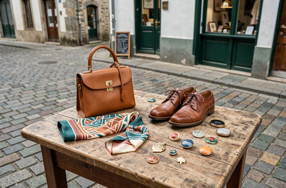 Flat-lay de vêtements et accessoires vintage posés sur une table en bois devant une boutique friperie de Bayonne