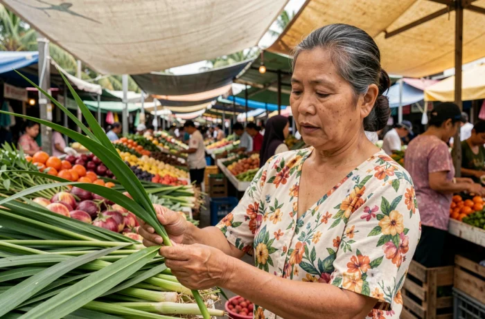 Femme choisissant des feuilles de pandan fraîches sur un marché asiatique en plein air