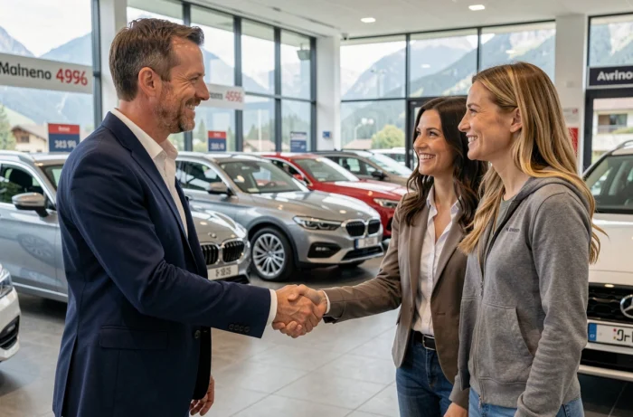 Concessionnaire automobile professionnel en Suisse serrant la main d'un couple lors de l'achat d'une voiture d'occasion en showroom