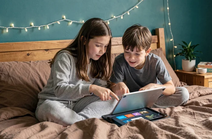 Deux adolescents choisissant un abonnement Netflix sur une tablette dans une chambre décorée simplement