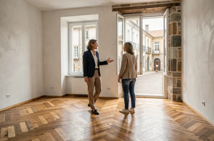 Agent immobilier présentant un appartement rénové à un acheteur dans une ville de région française