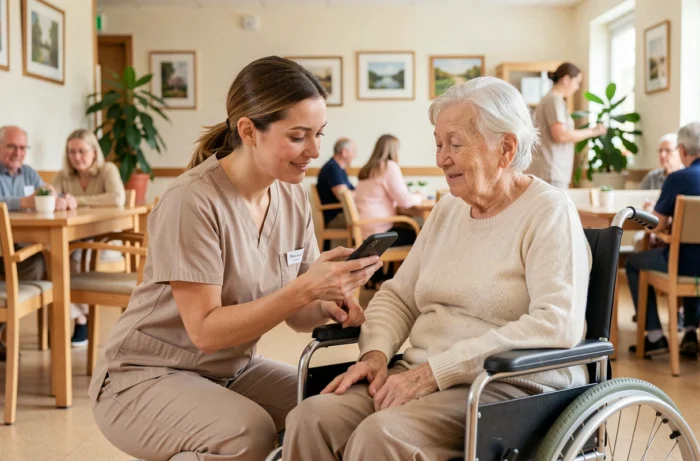 Aide-soignante en EHPAD utilisant une application mobile de soins Netmobilite auprès d'une résidente âgée en fauteuil roulant dans une salle commune
