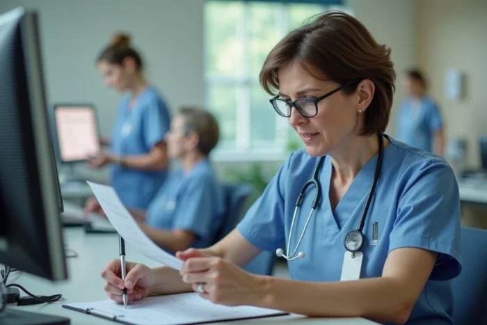 Aide-soignante consultant des documents au poste infirmier d'un établissement de soins luxembourgeois