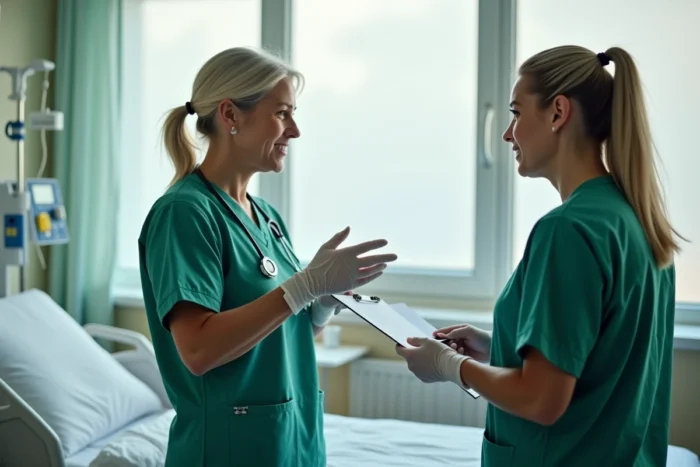 Deux aides-soignantes effectuant une passation de consignes dans une chambre d'hôpital au Luxembourg