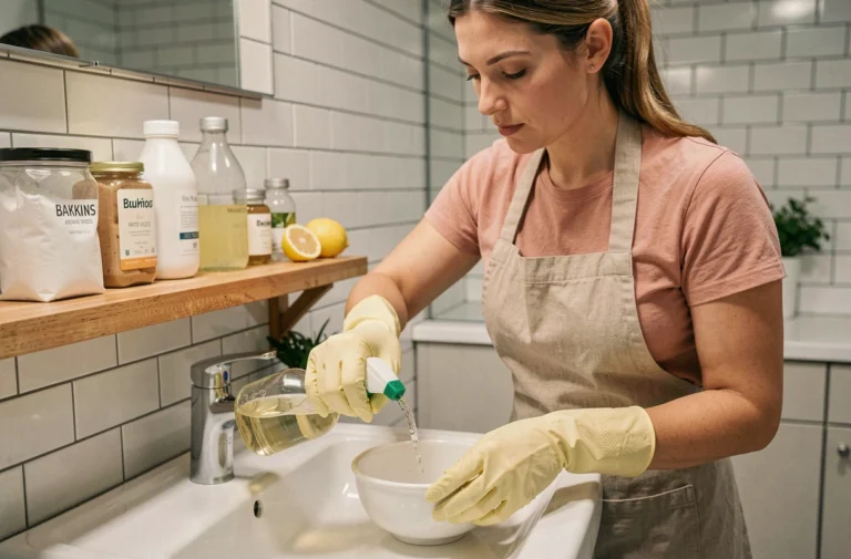 Femme utilisant des produits ménagers écologiques naturels comme alternatives au Domestos pour nettoyer une salle de bain