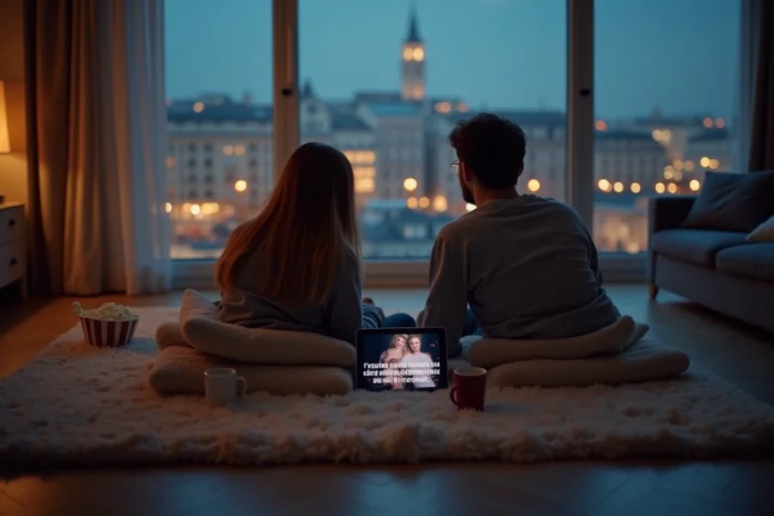 Deux amis regardant ensemble une plateforme de streaming sur tablette dans un appartement moderne en France
