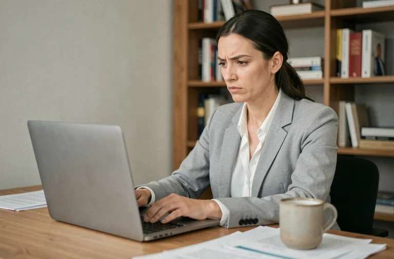 Femme analysant la réputation d'une plateforme en ligne sur son ordinateur portable dans un bureau à domicile