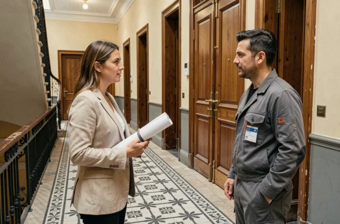 Architecte et entrepreneur discutant de plans de rénovation de plomberie dans le couloir d'un immeuble classé à Bruxelles