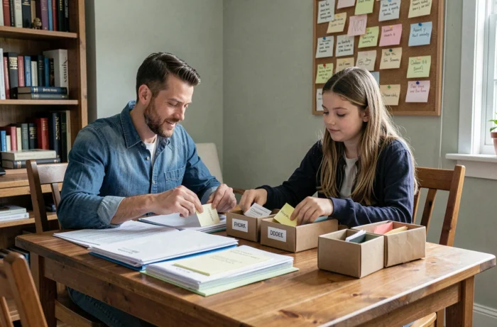 Père et fille adolescente organisant des documents familiaux ensemble à la maison pour simplifier la gestion du quotidien