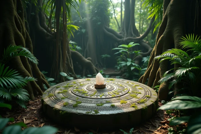 Autel de pierre ancestral recouvert de symboles ésotériques dans une jungle tropicale dense, rappelant les vestiges mystiques de la civilisation lémurienne