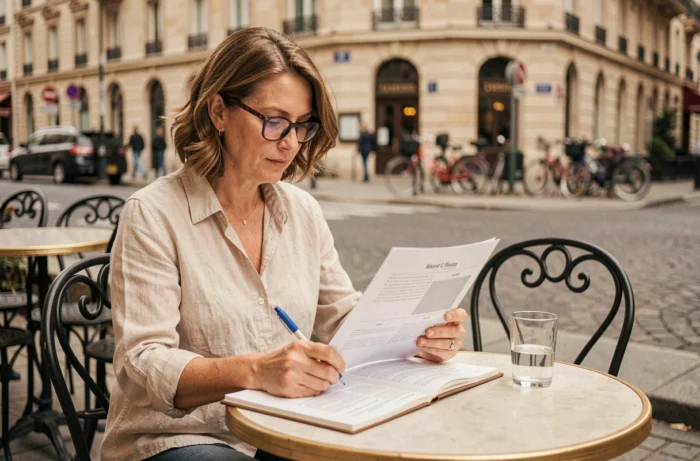 Femme auto-entrepreneur prenant des notes sur son business plan en terrasse de café, représentant la flexibilité et la liberté du statut d'indépendant en milieu urbain