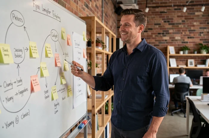 Auto-entrepreneur présentant son plan d'affaires sur un tableau blanc dans un espace de coworking moderne, illustrant la stratégie et l'organisation d'une activité indépendante