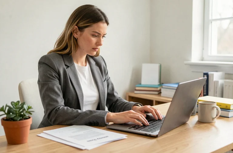Auto-entrepreneuse travaillant sur son ordinateur portable dans un bureau à domicile organisé, symbolisant la gestion administrative d'une micro-entreprise