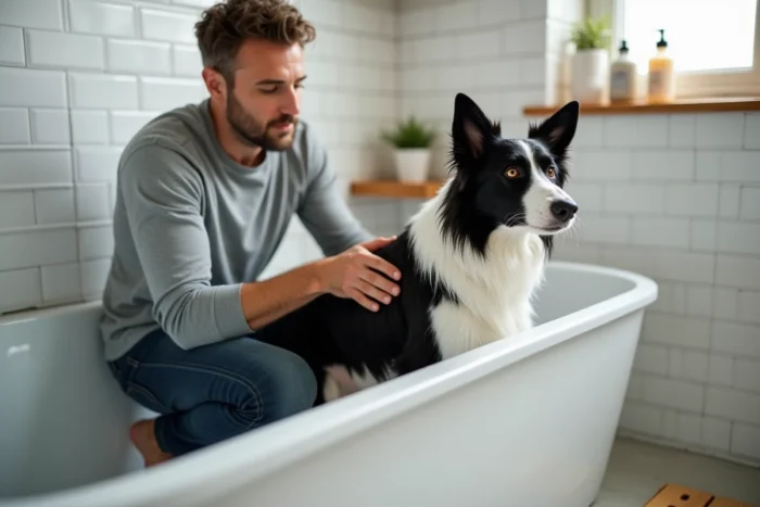Propriétaire donnant un bain à son border collie dans une baignoire à domicile