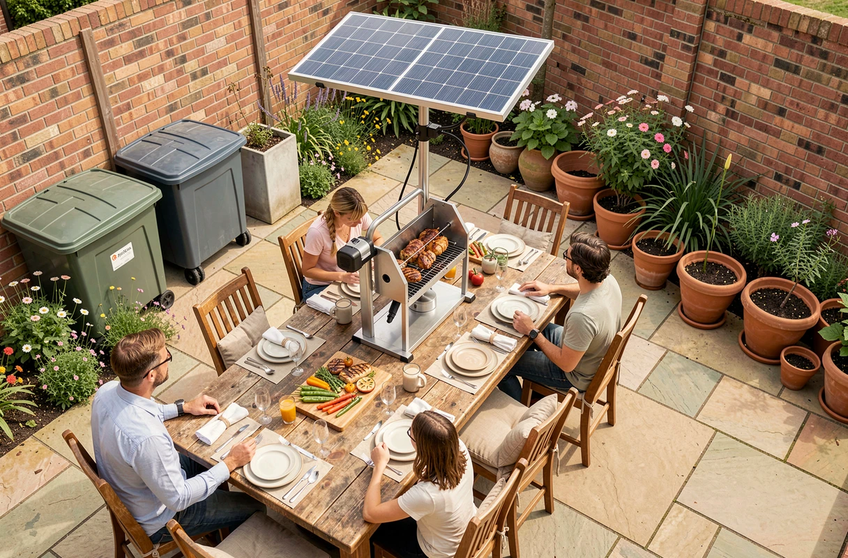 Vue aérienne d'un repas barbecue écolo en jardin avec tourne-broche solaire, table en bois recyclé et légumes grillés de saison
