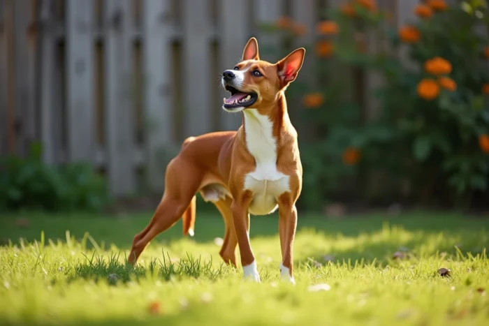 Basenji chien glapissant dans un jardin, race canine connue pour son cri unique