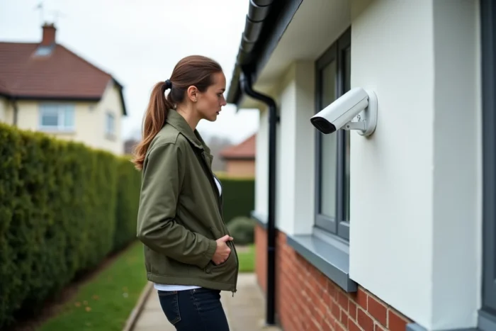 Femme inspectant une caméra de surveillance extérieure fixée sur la façade d'une maison moderne