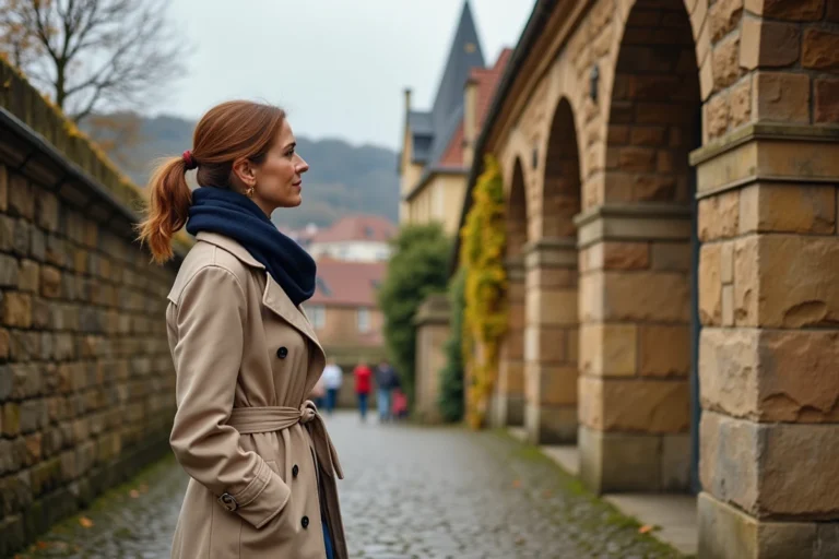 Femme en manteau beige admirant les casemates du Bock à Luxembourg-Ville, fortifications médiévales taillées dans la roche dorée