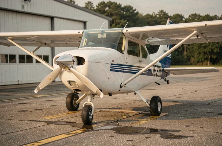 Cessna 172B garé sur le tarmac d'un petit aérodrome régional, vue avant trois quarts en conditions réelles