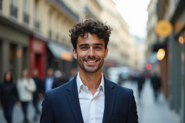 Portrait d'un jeune chanteur français aux traits méditerranéens sur fond de rue parisienne