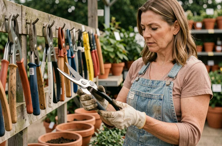 Femme choisissant un sécateur de qualité dans un magasin de jardinage professionnel