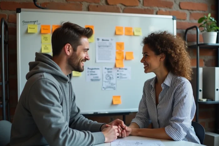 Deux entrepreneurs collaborant sur un tableau blanc pour lancer un projet avec un budget limité dans un espace de coworking