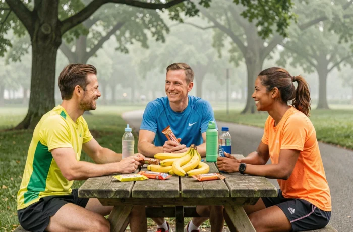 Groupe de coureurs partageant des collations énergétiques naturelles dans un parc après un footing matinal