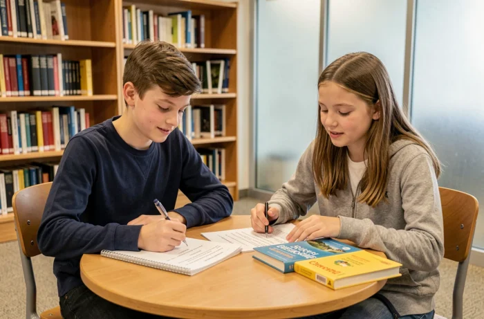 Deux élèves de sixième qui travaillent ensemble sur des exercices corrigés de classes grammaticales dans une bibliothèque scolaire