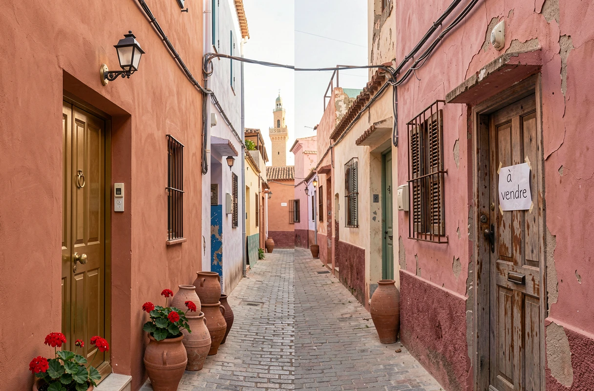 Comparaison entre une maison rénovée et un bien à rénover dans une ruelle de la médina de Marrakech