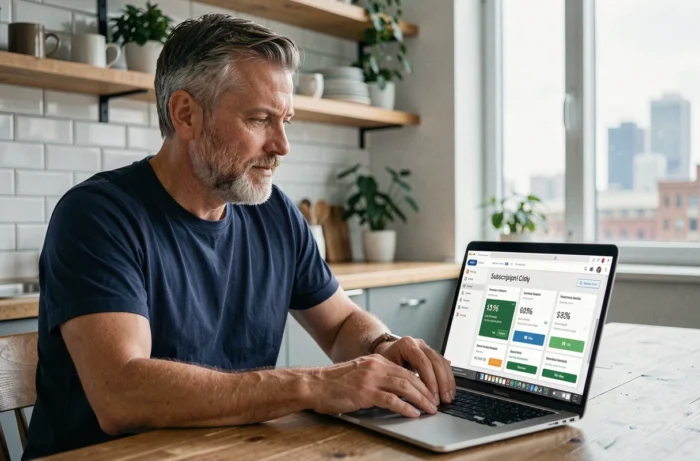Homme comparant les tarifs et abonnements Netflix sur un ordinateur portable dans une cuisine moderne