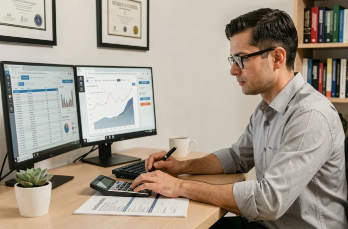 Comptable masculin travaillant sur des tableaux financiers avec double écran dans un bureau privé épuré