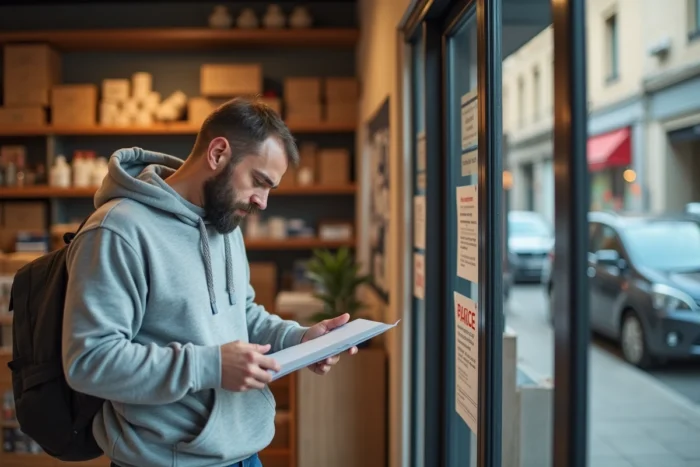 Homme lisant les conditions d'acceptation des colis dans un commerce relais à Bordeaux