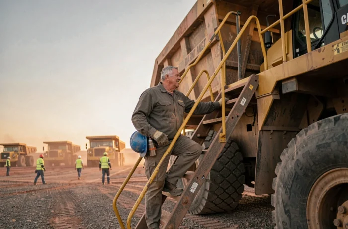 Conducteur de camion minier géant grimpant l'échelle d'un dumper Caterpillar en fin de journée sur un site minier du Territoire du Nord en Australie