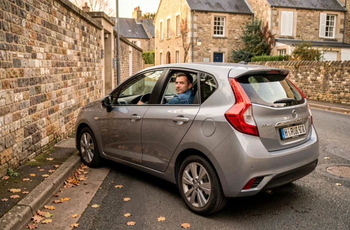 Conducteur effectuant un demi-tour dans une rue étroite entre deux murs en pierre, illustrant les contraintes d'espace pour manœuvrer