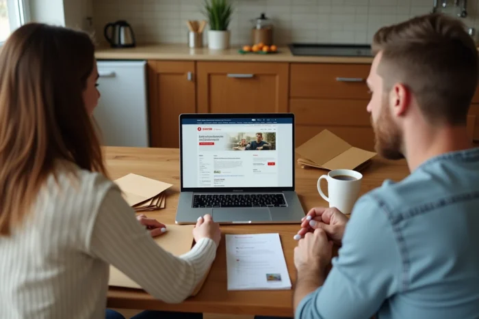 Un couple configure un transfert de courrier temporaire en ligne sur le site de La Poste depuis leur cuisine