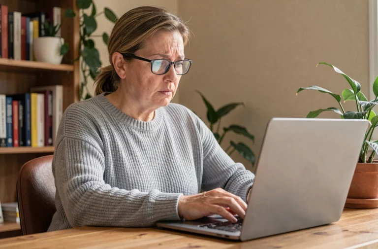 Femme consultant ses emails Orange sur un ordinateur portable dans un bureau à domicile après résiliation d'abonnement