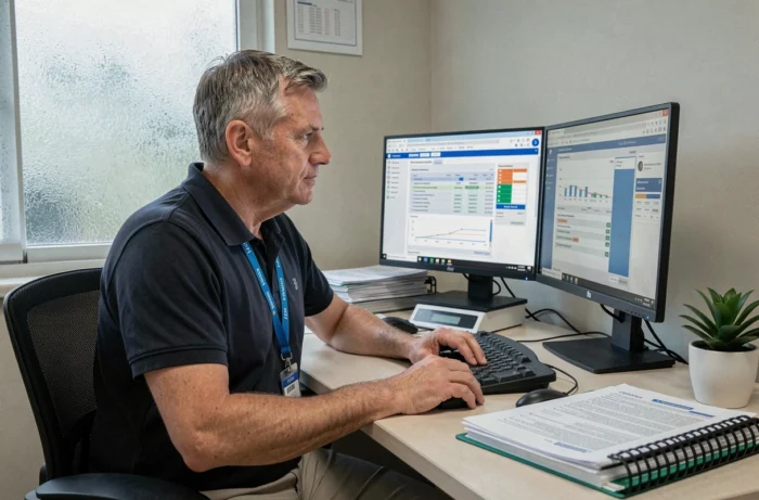 Coordinateur de soins en EHPAD travaillant sur des logiciels de gestion Netsoins et Netmobilite sur double écran dans un bureau administratif