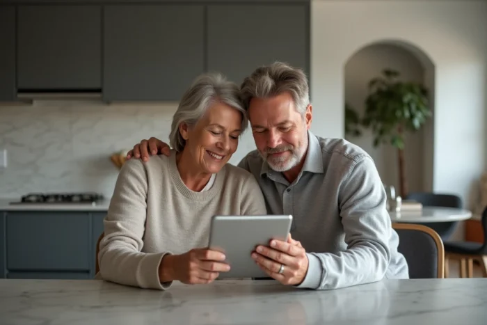 Couple consultant une application de sécurité domestique sur tablette dans une cuisine moderne