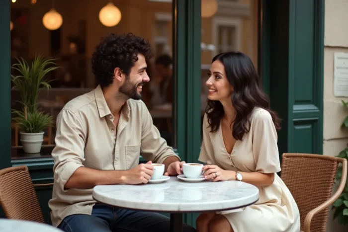 Couple de jeunes adultes partageant un café en terrasse parisienne dans une atmosphère détendue