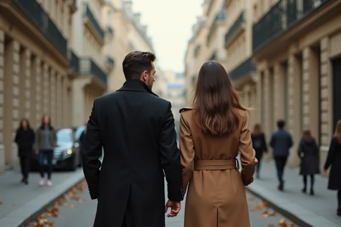 Couple marchant discrètement dans une rue parisienne en automne, identités préservées, illustrant la vie privée jalousement gardée d'une personnalité médiatique