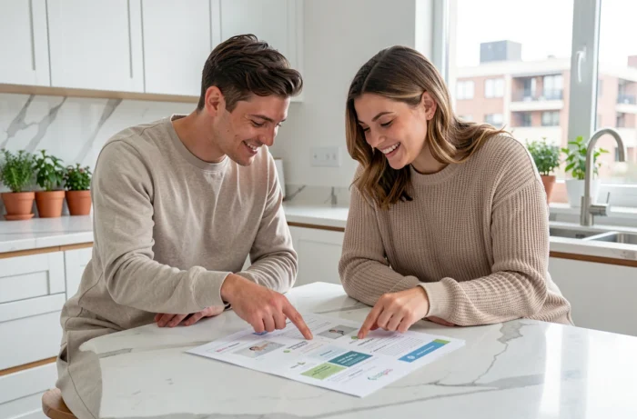 Jeune couple de futurs parents examinant ensemble le plan d'un site web dédié à la parentalité dans une cuisine moderne lumineuse