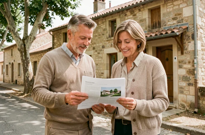 Couple examinant des documents immobiliers devant une maison en pierre en région française