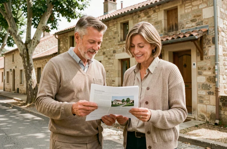 Couple examinant des documents immobiliers devant une maison en pierre en région française