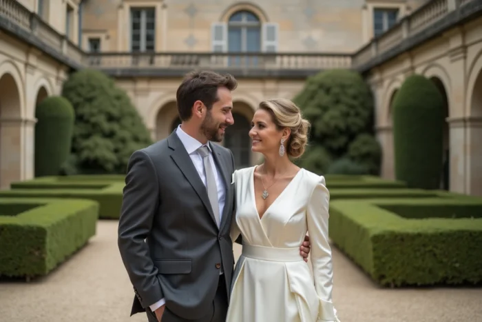 Couple élégant en tenue de mariage dans la cour d'un château français lors de leur cérémonie