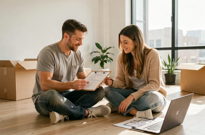 Couple consultant une liste de contrôle pour organiser leur installation dans un nouvel appartement vide