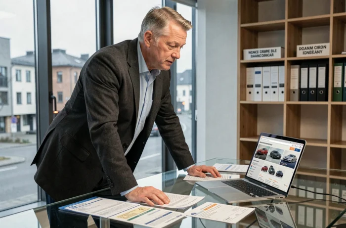Courtier automobile étudiant des documents d'importation norvégiens sur un bureau vitré dans un bureau moderne