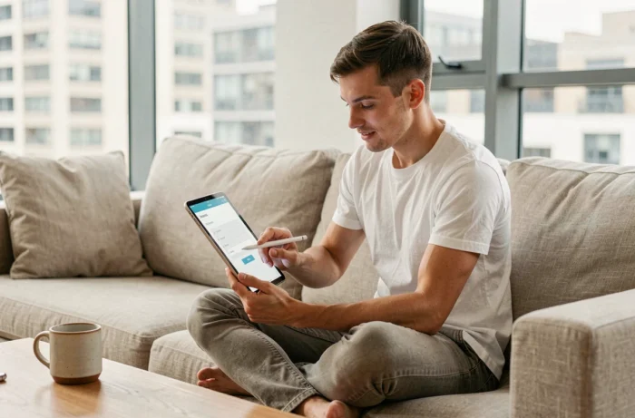 Jeune adulte configurant un compte en ligne sur une tablette numérique depuis un salon moderne en appartement urbain