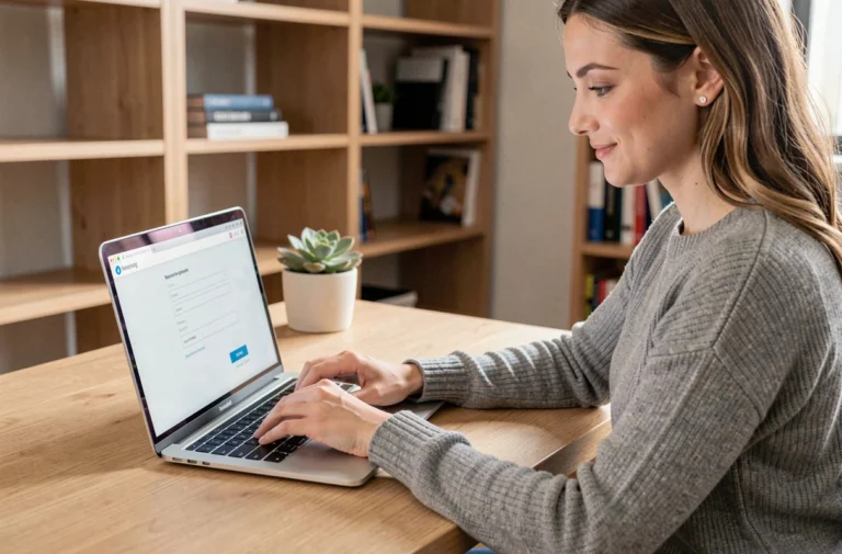 Femme créant un compte en ligne sur un ordinateur portable dans un bureau à domicile moderne et organisé